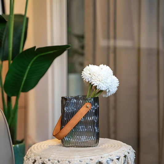  Erren Glass Bag Vase with Leather Handle